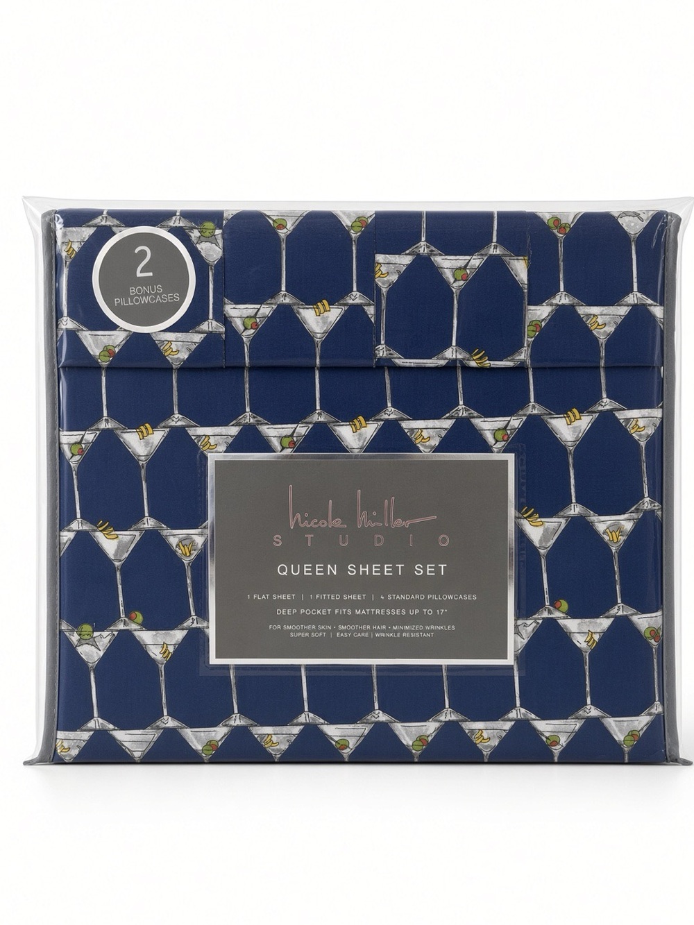 Nicole Miller Studio 6pc Queen Sheet Set Martini Geo Navy NWT